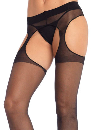 close up of sheer black suspender pantyhose with bold cutouts 1901