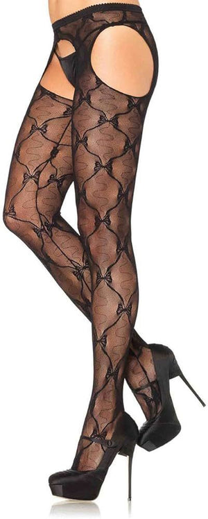 sheer black bow lace suspender pantyhose 1907