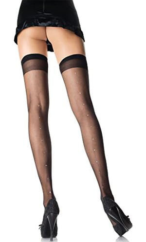 queen size sheer black thigh high stockings with rhinestone backseam 1909q