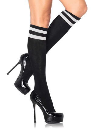 black white athletic knee high sock with white stripes 5522