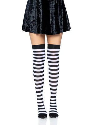 front of no shoes black and white horizontal striped opaque stockings 6005