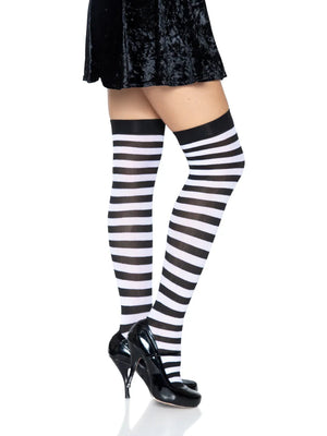 side view of white and black horizontal striped opaque stockings 6005