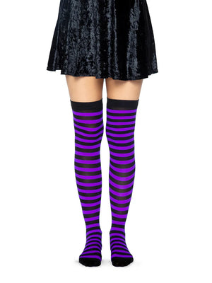 front no shoes view of purple and black horizontal striped opaque stockings 6005