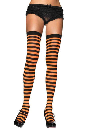 black and orange Halloween horizontal striped opaque stockings 6005