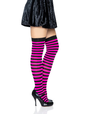 side view of purple and black horizontal striped opaque stockings 6005