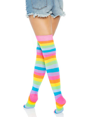 back of neon rainbow striped thigh high stockings no shoes 6600