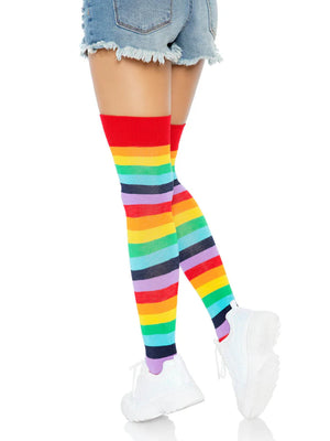 side view of cherry rainbow thigh high socks 6606