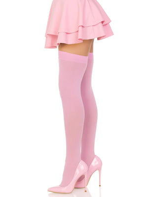 side view of pink  opaque thigh high stockings 6672