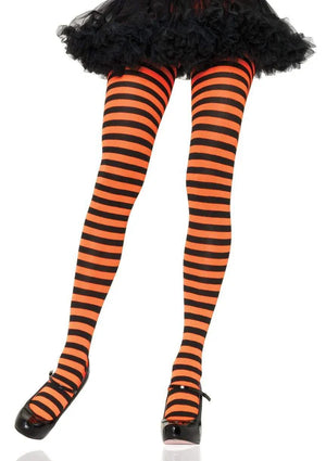 orange and black horizontal striped opaque tights for Halloween 7100