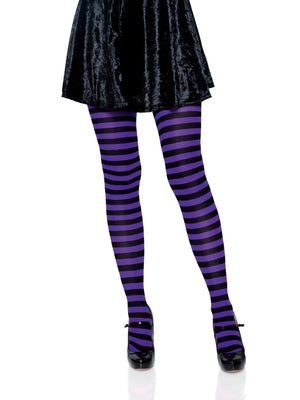 purple and black horizontal striped opaque tights for witch costume 7100