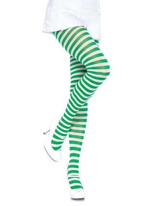 green and white horizontal striped opaque tights 7100