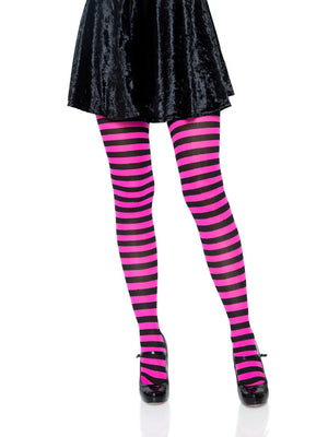 hot pink and black horizontal striped opaque tights 7100