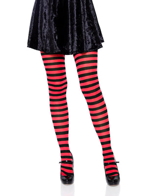 red and black horizontal striped opaque tights 7100