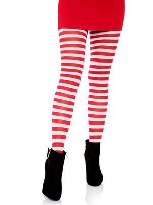 red and white horizontal striped opaque tights for Christmas costume 7100