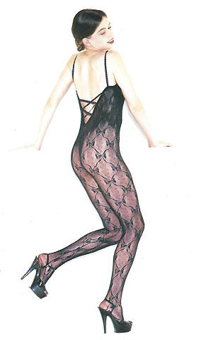 bow lace bodystocking with spaghetti straps and criss cross strap V-back 8681