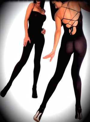 front and back of black opaque bodystocking lace-up back 8787