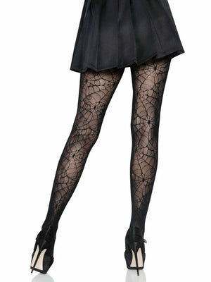 back view of black spiderweb lace tights 9009