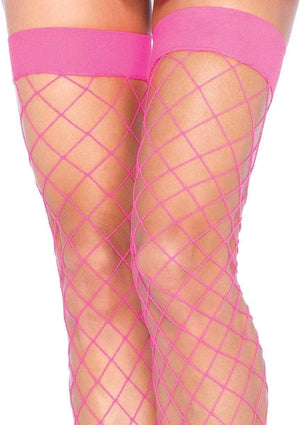 close up of neon pink fence net thigh high stockings 9014