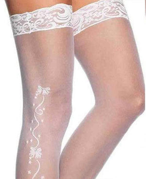 wedding bells and ribbon on sheer lace top thigh high stockings for wedding 9019