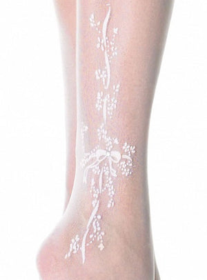 close up of white thigh high stockings with woven bows and floral detail 9021