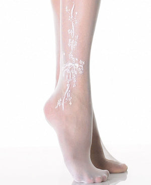 sheer white thigh high stockings with woven bows and floral detail 9021