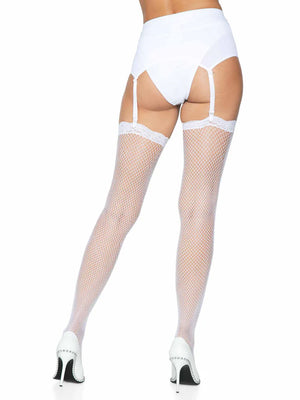 back of white fishnet stockings with lace top  9027