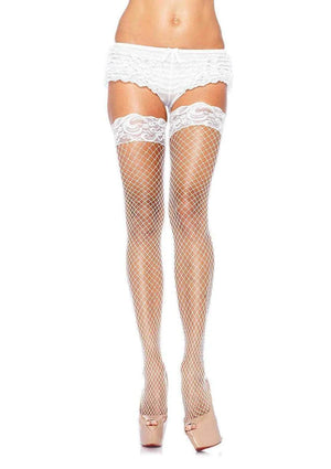 white Industrial Net thigh high stockings by Leg Avenue feature a silicone stay-up lace top 9201