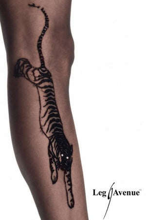 close up of sheer black pantyhose with tiger tatoo graphic 9314