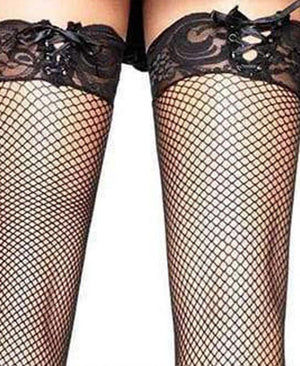 corset tie top of queen size  black fishnet thigh high stockings 9658q