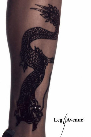 close-up of dragon tattoo on sheer black pantyhose 9910