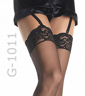 close up of black lace top sheer thigh high stockings 1011