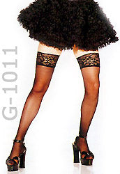 close up of black lace top sheer thigh high stockings with dress 1011