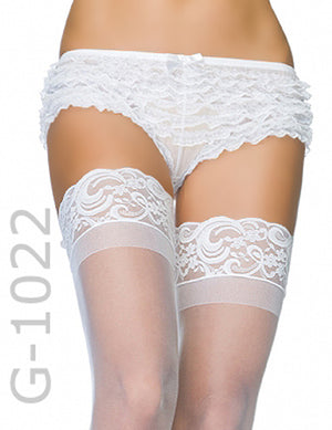 close-up of white stay-up sheer thigh high stockings 1022