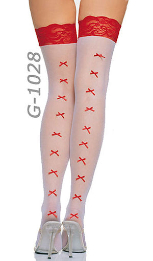 sheer white stockings with red mini bow backseam and lace top 1028