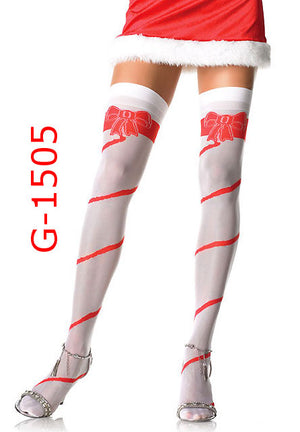 Lycra sheer white Christmas thigh high stockings with red woven Holiday bow and spiral stripe 1505