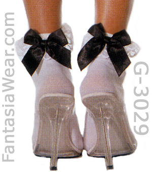 white ankle socks with lace ruffle and black bow 3029