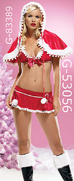 full view of red velvet Christmas bra and skirt set 53056