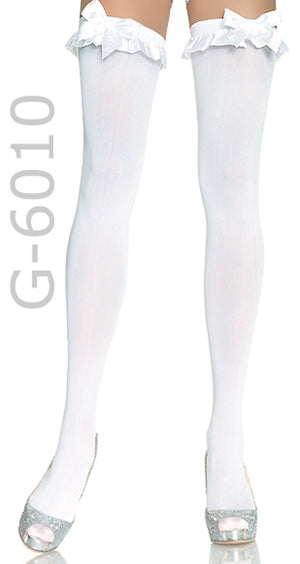 white opaque thigh high stockings with ruffle bow 6010