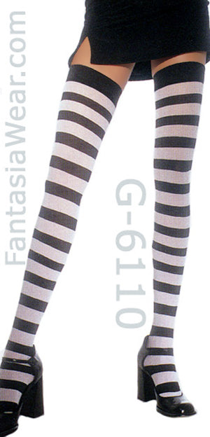 black and white wide stripe thigh high stockings 6110