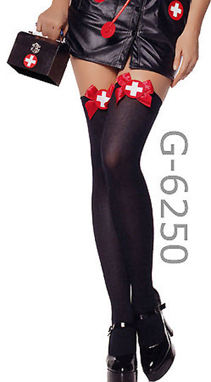 sheer naughty nurse stockings black with red bow 6250