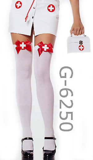 sheer naughty nurse stockings white with red bowwearing nurse costume 6250