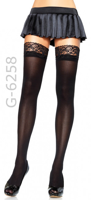 black opaque thigh high stockings with lace tops 6258