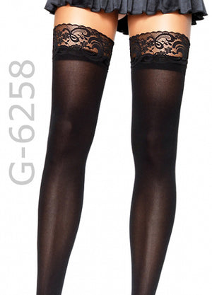 black opaque thigh high stockings with sexy lace tops 6258