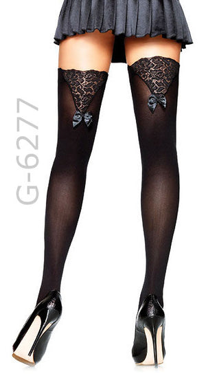 black opaque thigh high stockings with lace top and bow 6277