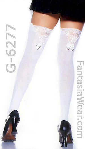 white opaque thigh high stockings with lace top and bow 6277