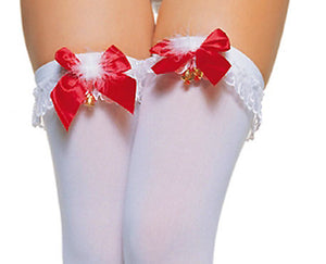 close up of white thigh high stockings with ruffle top, Marabou feather puff, satin bow and bells 6286