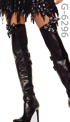 black thigh high stockings with black satin bow at top with printed white skulls with boots 6396