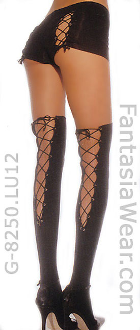 opaque Lycra thigh high stockings with lace-up back with shorts 8250LU12