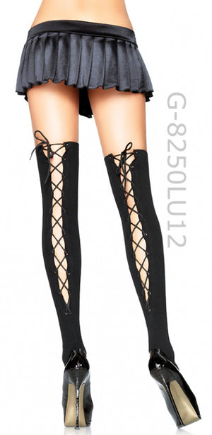 opaque black Lycra thigh high stockings with lace-up back 8250LU12