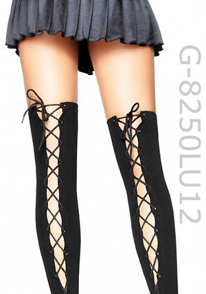 opaque Lycra thigh high stockings with lace-up back with skirt 8250LU12